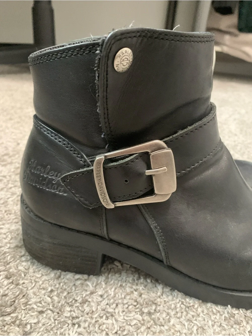 Harley Davidson Black Leather Ankle Boots with Buckle